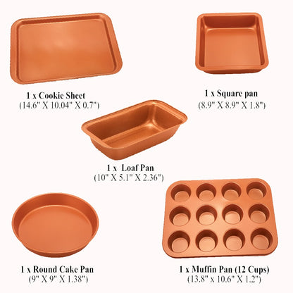 5 Pcs Baking Pans - Organic Eco Friendly Nonstick Coating - Premium Quality - Muffin Pan, Loaf Pan, Square Pan, Cookie Sheet, Round Pan - Bakeware Set